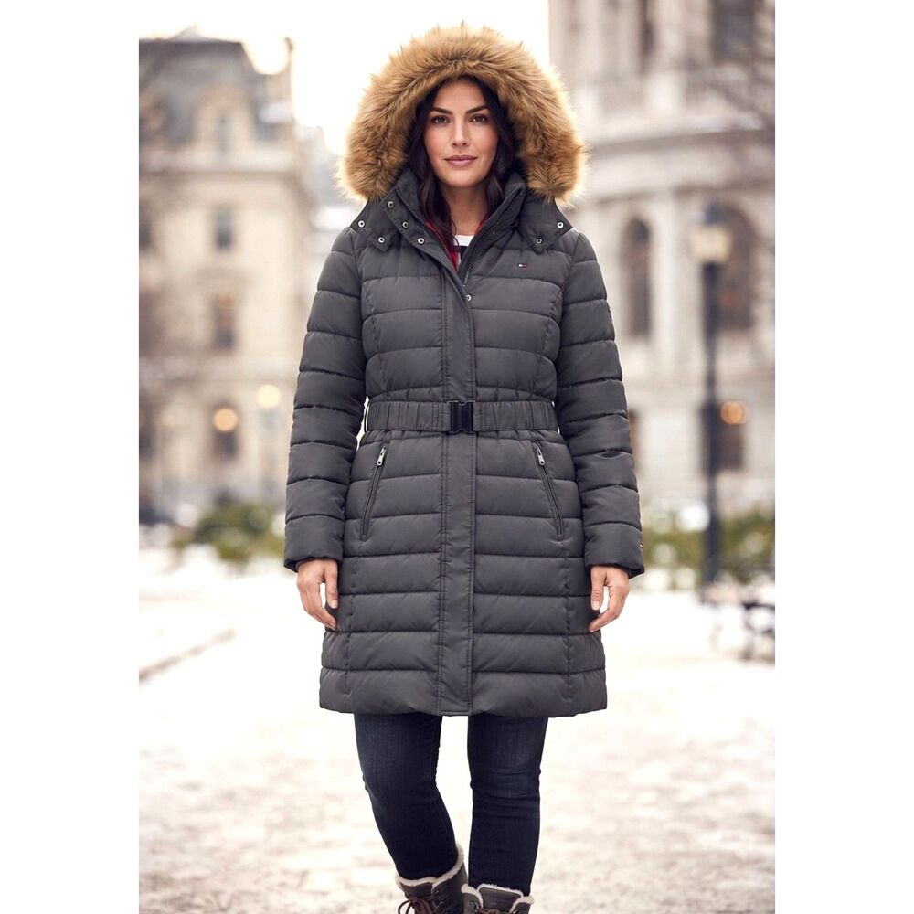 Tommy Hilfiger American Classic Black Hooded Puffer Winter Coat Belted Size XL
